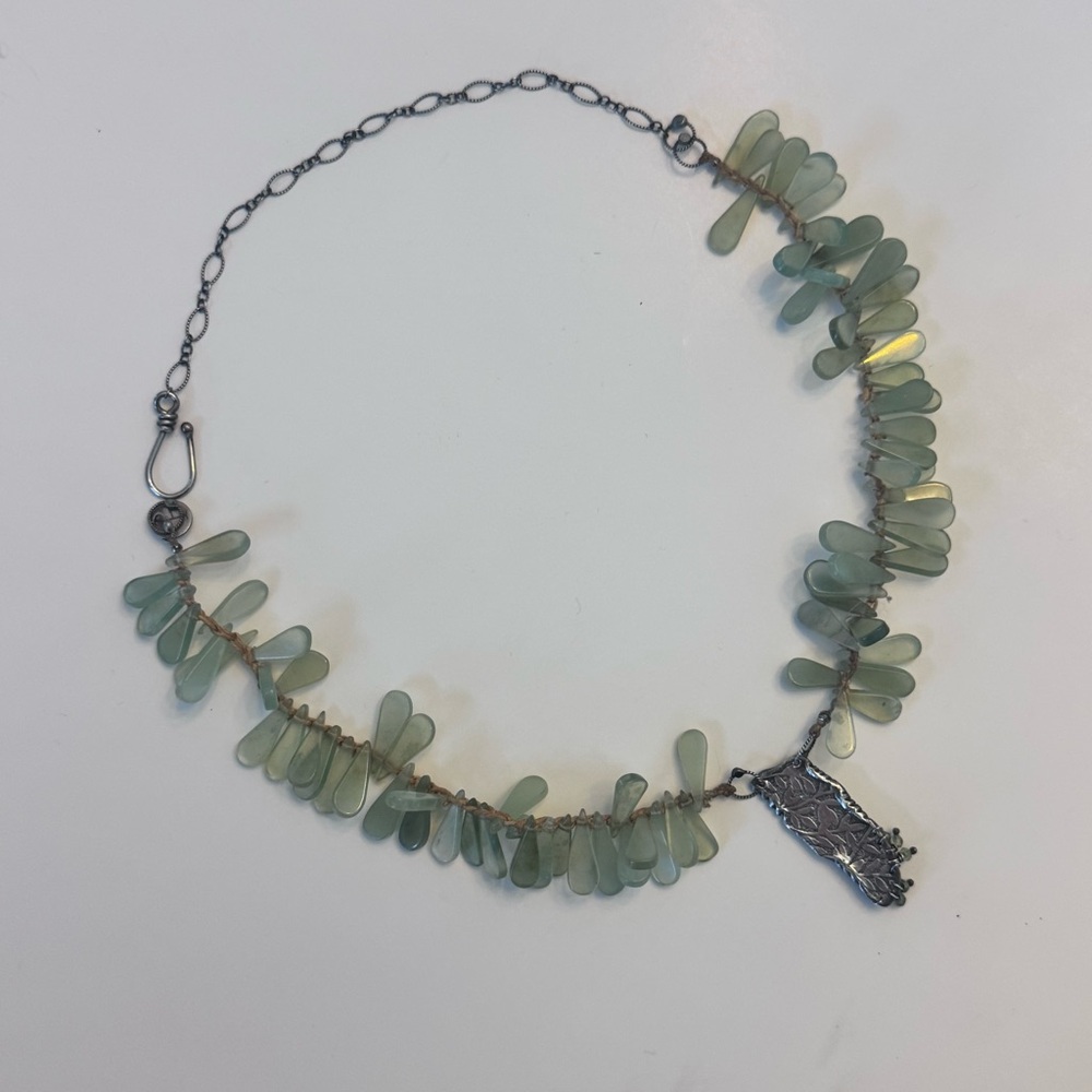 Unique Green Glass Teardrop Tied Beads Necklace with Silver Pendant Handmade